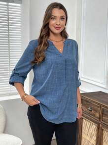 EMERY ROSE Camicetta casual con scollo a V e maniche arrotolate, tinta unita, adatta a donne curvy, per la primavera, l'autunno e l'estate - Blu - Visualizzare 3