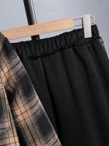 2 piezas Conjunto de camisa de manga larga a cuadros y cárdigan con capucha con pantalones largos para niños adolescentes, otoño/invierno