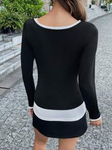 Chiquease Contrast Color Block Round Neck Long Sleeve Fitted T-Shirt