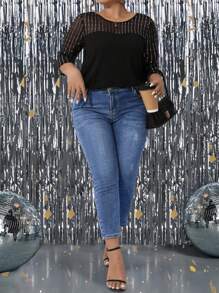 SHEIN CURVE+ 大码女式 3/4 袖亮片拼接黑色 T 恤，春夏 - 黑色 - 查看 5