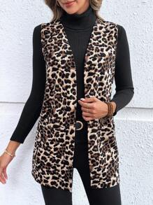 EMERY ROSE Women's Leopard Print Patchwork Pocket Sleeveless Jacket (T-Shirt Not Included) In Fall/Winter - Multicolor - View 4