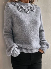 Chiquease Women Solid Color 3D Flower Decor Pullover Sweater - Grey - View 4