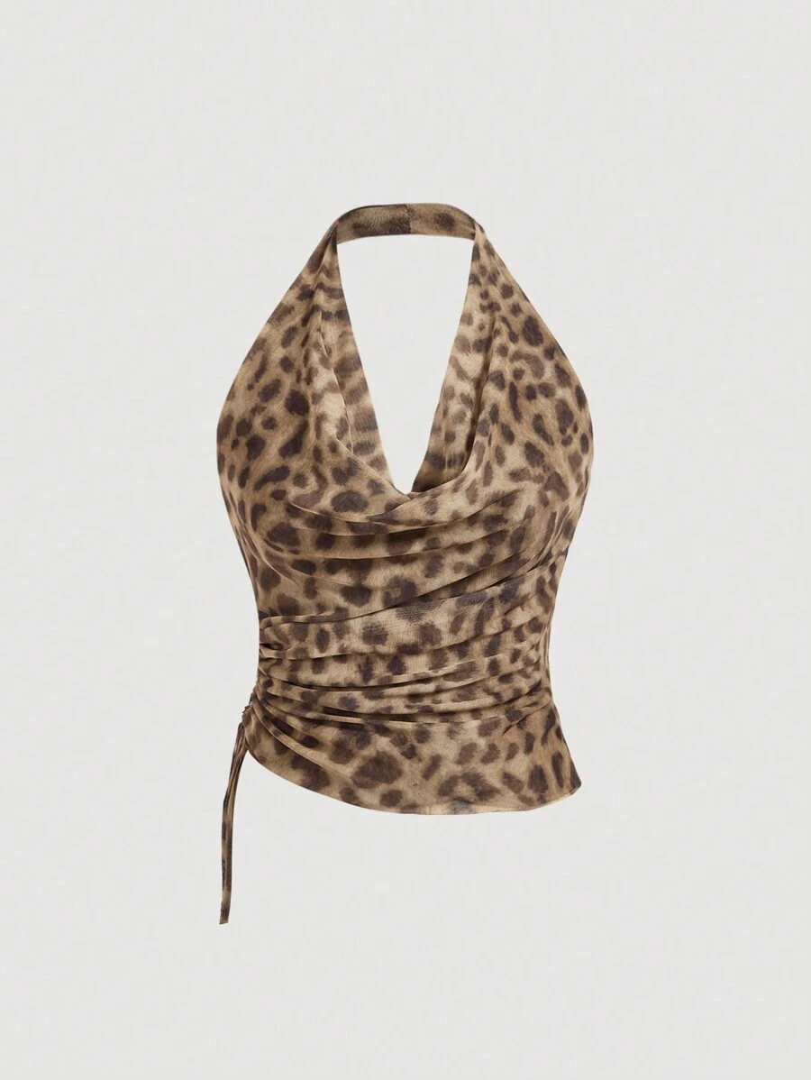 Aveloria Affinna Vintage Random Leopard Print Mesh Fabric Swing Neck Asymmetric Ruched Slim Sexy Halter Top For Women  - Mocha Brown - View 1