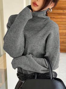 DAZY Áo len dài tay cổ cao, vai trễ, màu trơn, dáng rộng, thường ngày cho nữ, quần áo mùa thu - Xám - Xem 5