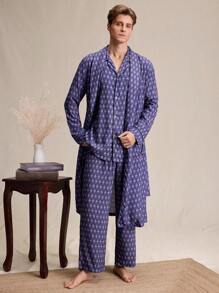 EverLounge Men's Floral Print Shawl Collar Long Sleeve Long Casual Home Robe - Purple - View 6