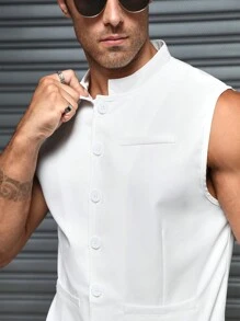Manfinity Homme Men's White Button Front Split Hem Sleeveless Suit Vest - White - View 4
