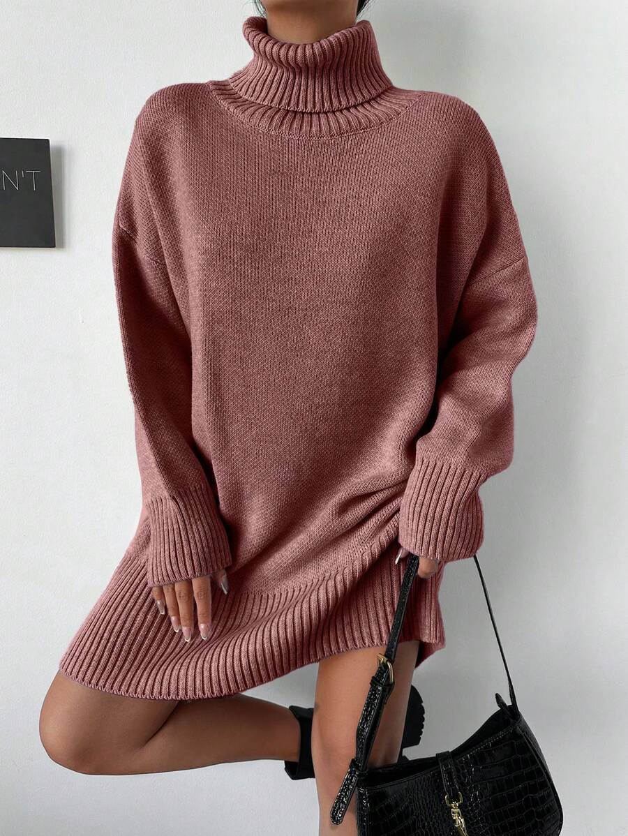 EURMUSE Women's Casual Solid Color High Neck Batwing Loose Knitted Sweater Dress - Lilac Purple - View 1