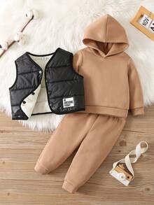 SHEIN Conjunto de 3 piezas para bebé niño: Chaqueta con capucha y chaleco abrigado, y pantalones. Ropa adecuada para otoño, invierno, actividades al aire libre/esquí - Multicolor - Ver 7