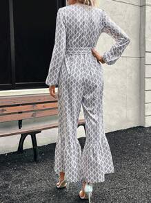 SHEIN LUNE 1pc All-Over Print Wide-Leg Jumpsuit, Autumn