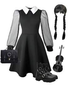 1pc Girls Wednesday Shirt Collar Black Mesh Patchwork Long Sleeve Dress, Mesh Puff Sleeve Dress, Autumn (Dress Only) - Black - View 2