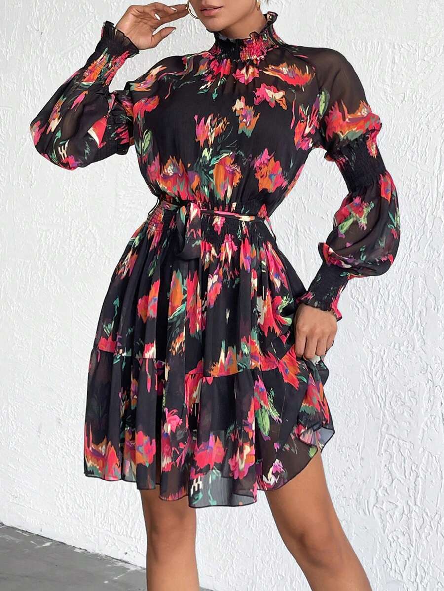 RueChic Floral Print Mock Neck Belted Long Sleeve T Chiffon Short Dress Chic