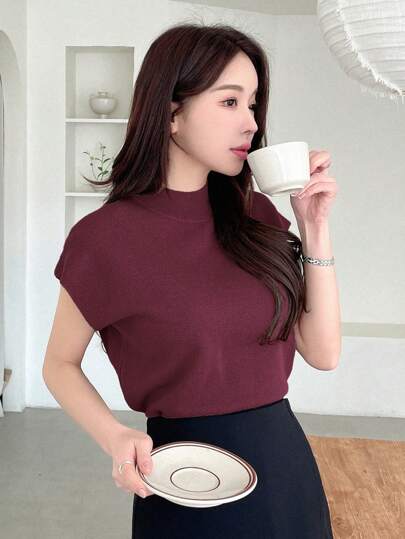 DAZY 纯色立领优雅盖袖针织上衣，秋季服装