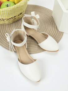新款秋季加大码女童蝴蝶结装饰踝带平底鞋，青少年校园户外休闲鞋，白色平底鞋 - 白色 - 查看 3