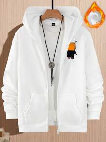 Manfinity Hypemode 宽松版型男士字母与卡通图案拉链保暖内衬连帽衫 - 白色 - 查看 5