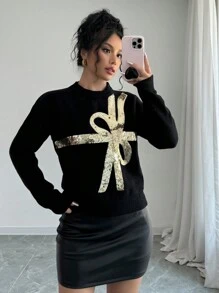 Elenzga Women's Casual Bowknot Sequined Drop Shoulder Long Sleeve Pullover Sweater, Autumn & Winter,Long Sleeve Tops