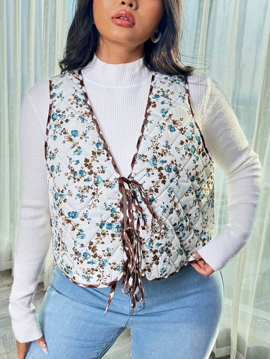 SHEIN Privé Veste matelassée thermique à imprimé floral avec nœud papillon, style académique vintage élégant pour grande taille, style retour à l'école