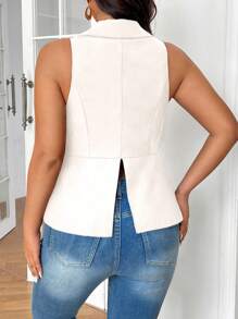 SHEIN Frenchy Vải lanh đen cỡ lớn, áo sơ mi cổ chữ V, xẻ tà cài nút, đơn giản và thời trang, thích hợp cho tiệc cưới, đi làm hàng ngày, áo ba lỗ không tay bó sát thường ngày, phong cách Pháp, tiền cũ - trắng - Xem 3