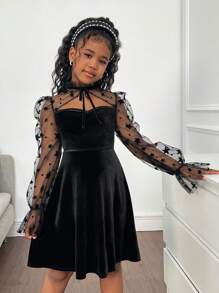SHEIN Tween Girls Luxurious Velvet & Mesh Splice, Star Embroidered Hollow Waist Party Dress, For Party, Halloween