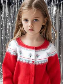 SHEIN Young Girl' Sweet Christmas Floral Contrast Color Positioning Print Waffle Fabric Round Neck Raglan Sleeve Cardigan Jacket - Red - View 1