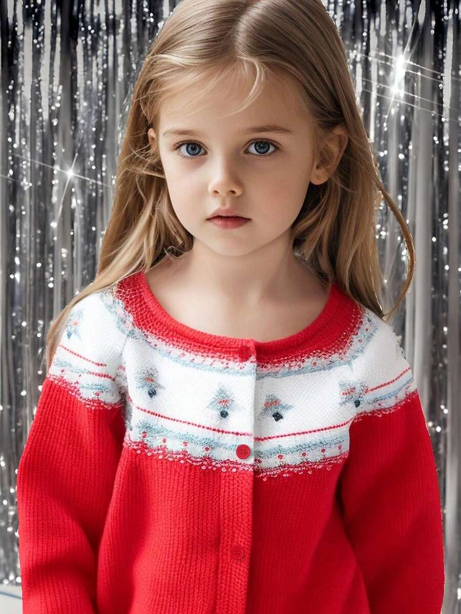 SHEIN Young Girl' Sweet Christmas Floral Contrast Color Positioning Print Waffle Fabric Round Neck Raglan Sleeve Cardigan Jacket - Red - View 1