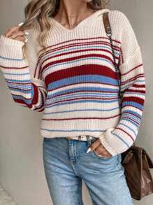 Chiquease Suéter con capucha a rayas de color contrastante para mujer, con aspecto talla grande fashionable y joven, para otoño e invierno - Multicolor - View 5