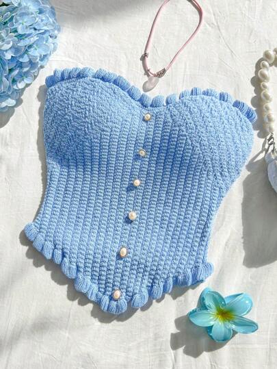 Soleia 女士夏季纯色休闲荷叶边短款针织上衣