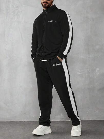 Manfinity Homme 男士字母印花拉链前卫衣和运动裤休闲运动服套装，秋季服装