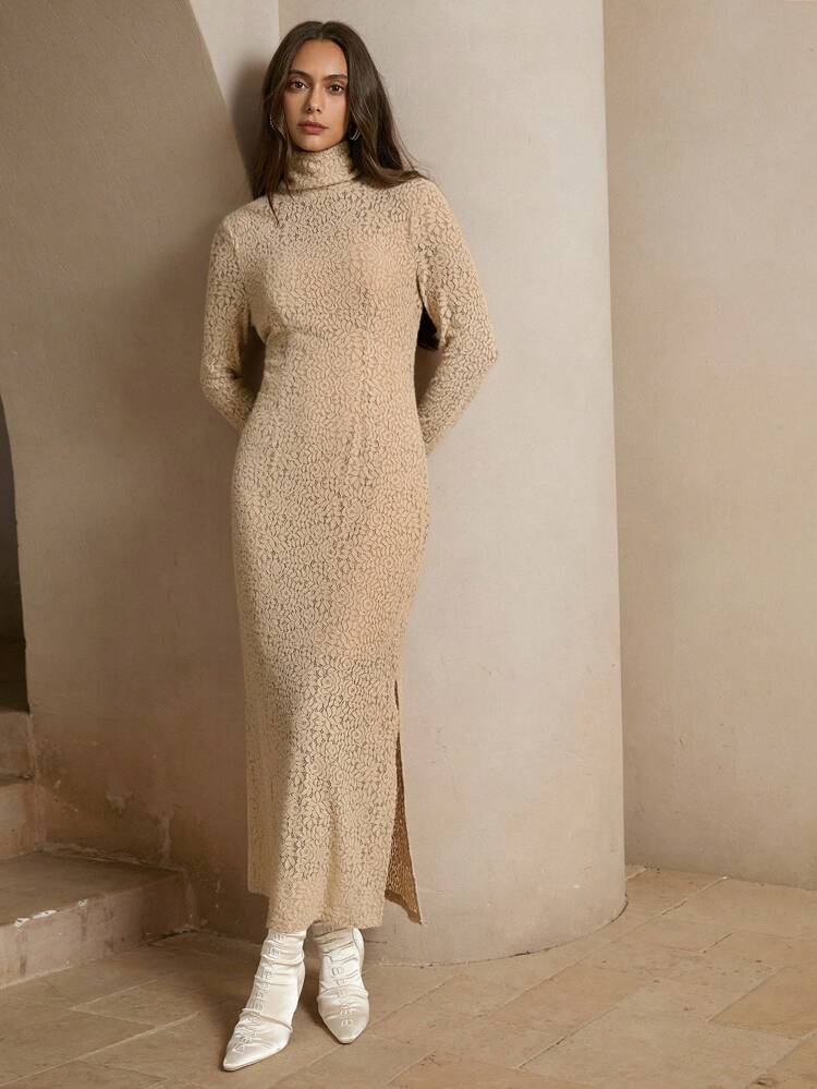 Elegant High Collar Floral Lace Semi-Sheer Fitted Slit Dress