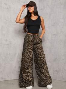SHEIN PETITE Casual Street Leopard Print Loose Straight Wide Leg Trousers , Palazzo Pants Cheetah Pantscheetah Print Pantsleopard Pantsleopard Print Pants