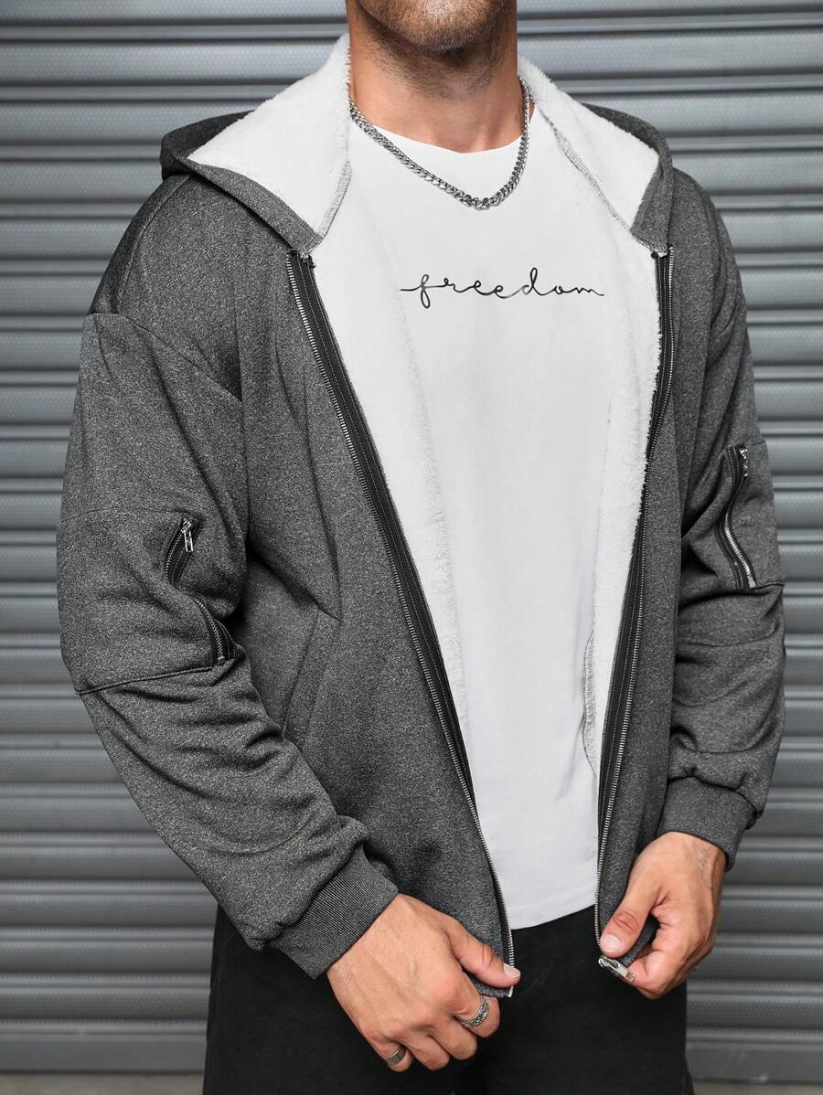 Manfinity Homme Men's Solid Color Zip-Up Hooded Casual Fleece Jacket, Fall/Winter - Black - View 1