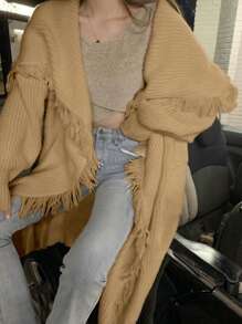 DAZY Women's Solid Color Long Cardigan With Fringed Oversized Collar,Fall Clothes - Khaki - View 1
