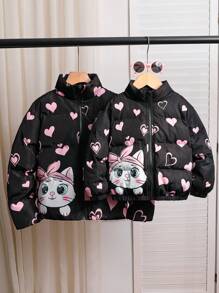 Young Girls' Pink Cat Heart Printed Cartoon Pattern Holographic Zip Up Mock Neck Thermal Padded Coat, Warm And Comfortable Long Sleeve, Great For Casual & Daily Wear & School Daily In Autumn & Winter, For Christmas