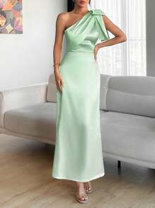 EURMUSE Chimpagne Color Tie Detail Satin Dress - Hijau - View 3
