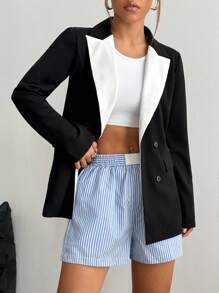 Flirla 拼色翻领长款修身女士西装外套 - 黑與白 - 查看 6