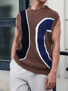 Manfinity Homme Men's Casual Colorblock Loose Round Neck Knitted Sweater Vest, Fall/Winter - Brown - View 6