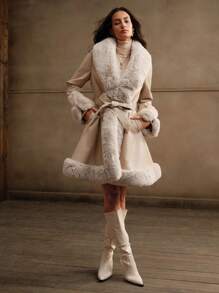 Anewsta Chaqueta con capucha gruesa y esponjosa con recorte esponjoso para mujer - Beis - Ver 4