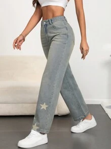SHEIN Essnce Women's Loose Fit Five-Pointed Star Print Pocketed Casual Flared Jeans