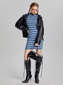 SHEIN Vestido con cuello de pie, estampado de rayas y flores, con recorte hueco para niñas adolescentes