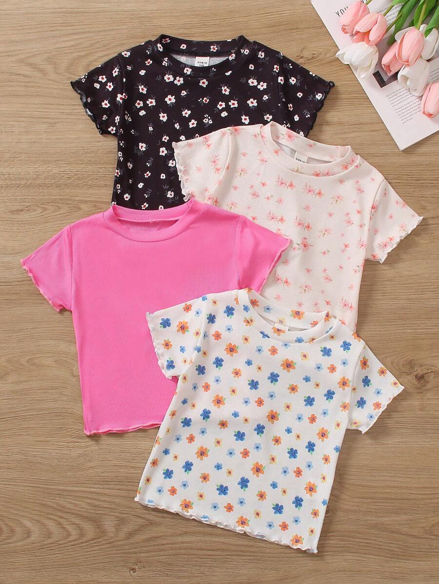 SHEIN Camiseta de manga corta con estampado floral pequeño para niña, verano - Multicolor - Ver 1