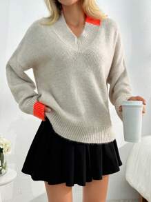 EURMUSE Women  V-Neck  Orange Sleeve And Hem Detailed Crochet Casual Cool Sweater For Daily Wear - Camel - View 4