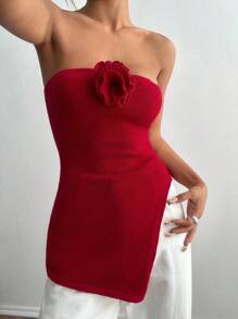 SHEIN Unity Women's Sexy Floral Decor Hem Slit Bandeau Knit Top