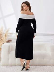 Modelyn Plus Size Color Block Off-Shoulder Elegant Long Sleeve Core-Spun Yarn Sweater Dress Fall Cloth For Women - Black - View 2