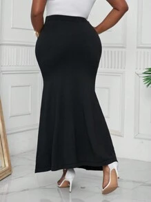 SHEIN Lady Spring And Summer Autumn And Winter Elegant  Black  Knitted Mermaid Midi Plus Size Skirts - Black - View 2