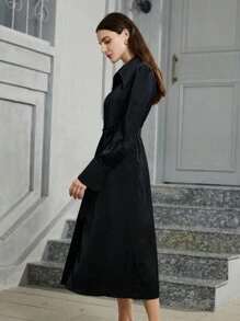SHEIN Privé Tie-Up Waist Design Long Sleeve Pleated Shirt Dress For Women, Autumn Fall Cloth For Women - Black - View 3