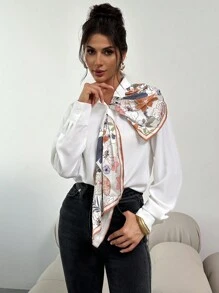 SHEIN Privé Women's Silk Scarf Print Decorative Tie Elegant Slim Fit White Blouse