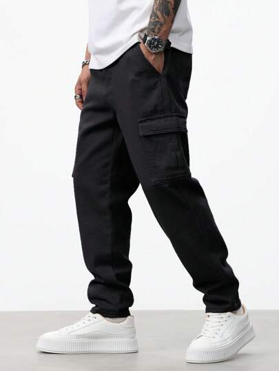 Manfinity Homme Men's Casual Loose Straight Leg Cargo Denim Jeans, Grunge