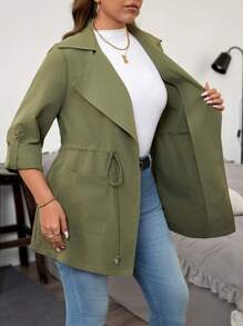 SHEIN LUNE Plus Size Trench 1pc Collared, Waist-Tie, Drawstring Long Trench Coat - Army Green - View 7