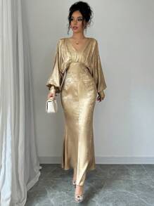 Elenzga 女士褶皱拼布纽扣装饰金箔鱼尾下摆连衣裙 - 金色 - 查看 1