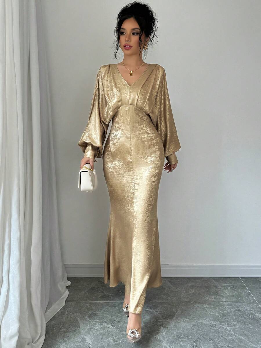 Elenzga 女士褶皱拼布纽扣装饰金箔鱼尾下摆连衣裙 - 金色 - 查看 1
