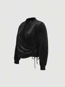 SHEIN MOD Plus Size Velvet Wrap V-Neck Straight Leg Pants Suit, 2pcs Set - Black - View 6